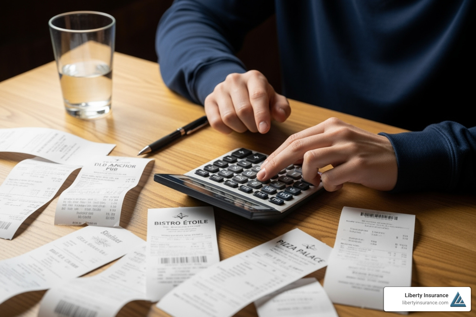 person using a calculator with receipts from a bar or restaurant in the background - alcohol liability insurance person using a calculator with receipts from a bar or restaurant in the background - alcohol liability insurance