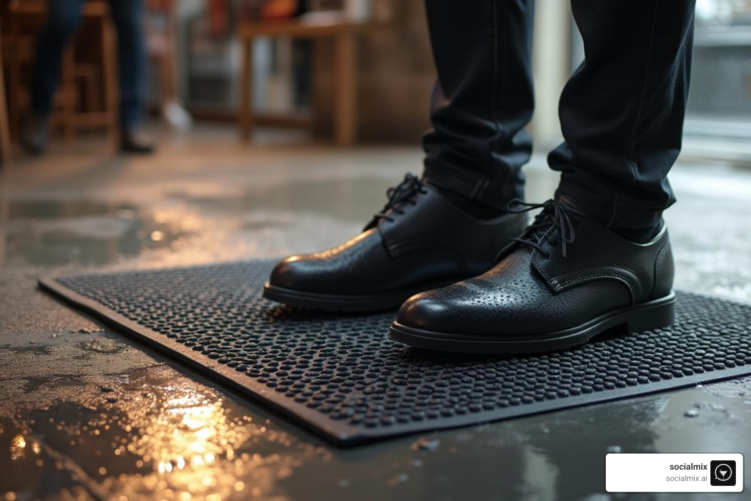 Non-slip bartender shoes next to a bar mat - bartender uniforms men