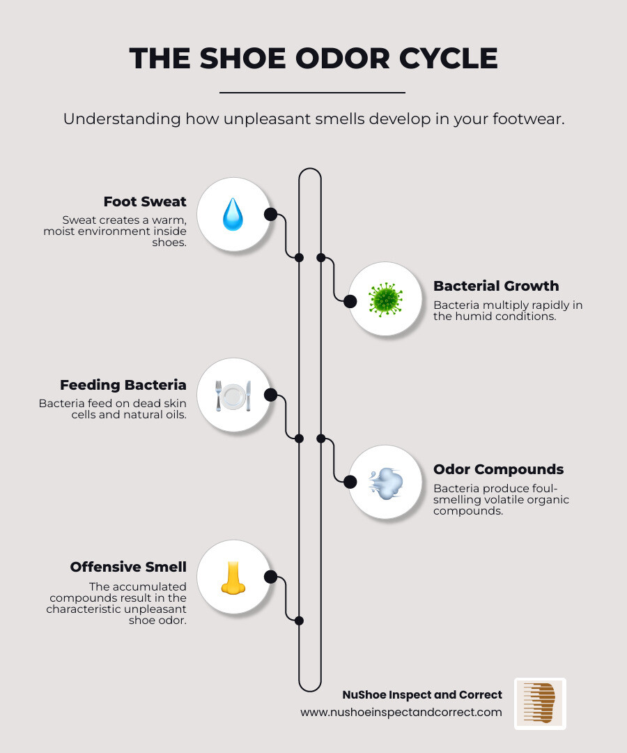 Infographic showing the cycle of shoe odor: foot sweat creates moisture, bacteria multiply in warm environment, bacteria feed on dead skin cells, bacteria produce odor compounds, smell becomes noticeable and offensive - shoe odor eliminator infographic infographic-line-5-steps-neat_beige Infographic showing the cycle of shoe odor: foot sweat creates moisture, bacteria multiply in warm environment, bacteria feed on dead skin cells, bacteria produce odor compounds, smell becomes noticeable and offensive - shoe odor eliminator infographic infographic-line-5-steps-neat_beige