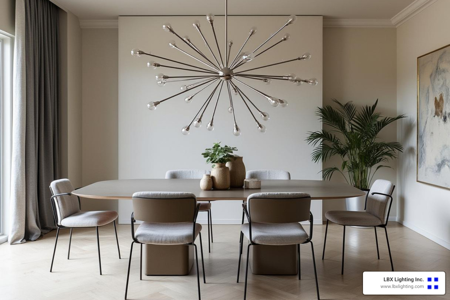 modern, minimalist dining room with a sleek silver sputnik chandelier - silver chandelier dining room