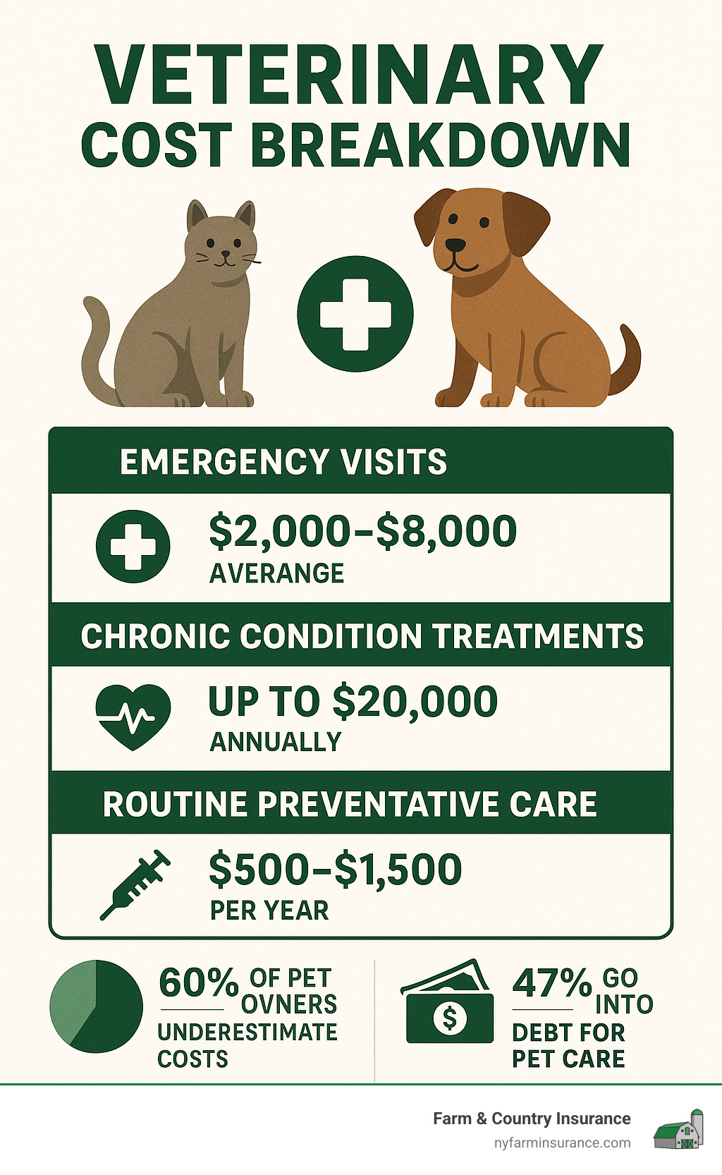 Infographic showing veterinary cost breakdown: Emergency visits averaging $2,000-$8,000, chronic condition treatments ranging from $5,000-$20,000 annually, routine preventative care costs of $500-$1,500 per year, and statistics showing 60% of pet owners underestimate costs while 47% go into debt for pet care - animal insurance company infographic 