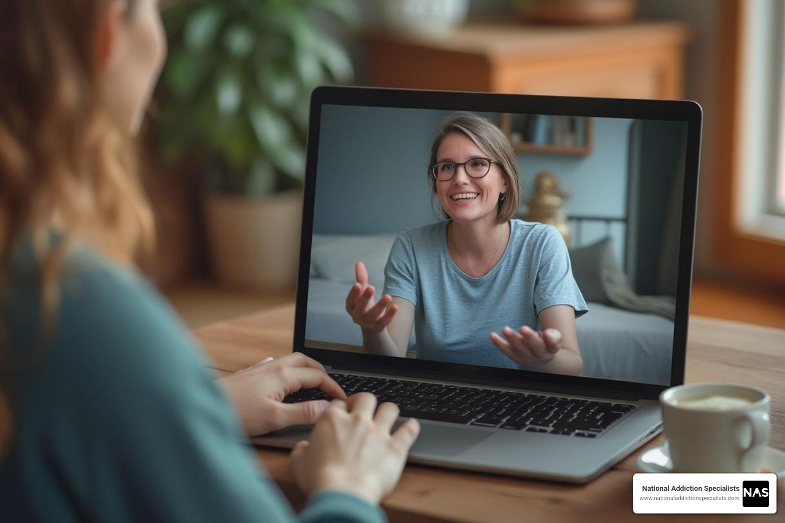 A one-on-one virtual counseling session on a laptop - rehabilitation center