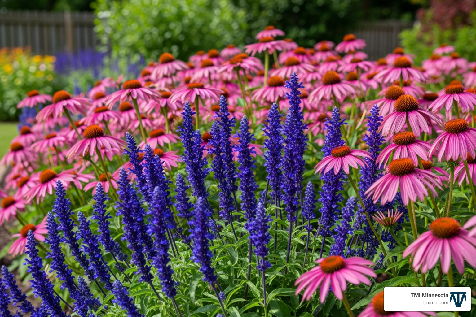 A vibrant flower bed featuring deer-resistant Coneflowers and Salvia - Deer resistant plants MN A vibrant flower bed featuring deer-resistant Coneflowers and Salvia - Deer resistant plants MN