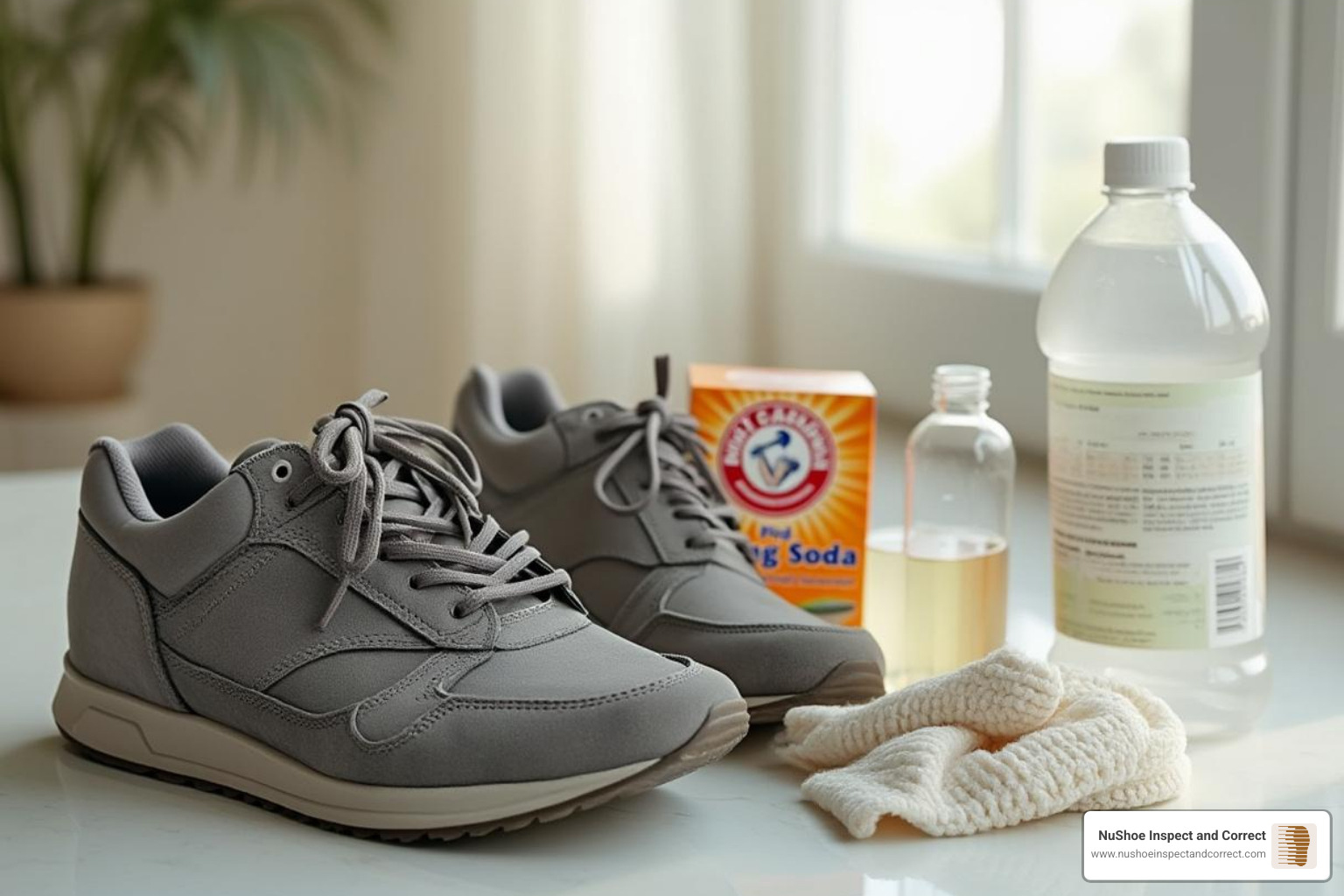 household items like baking soda and vinegar next to a pair of shoes - shoe odor eliminator household items like baking soda and vinegar next to a pair of shoes - shoe odor eliminator