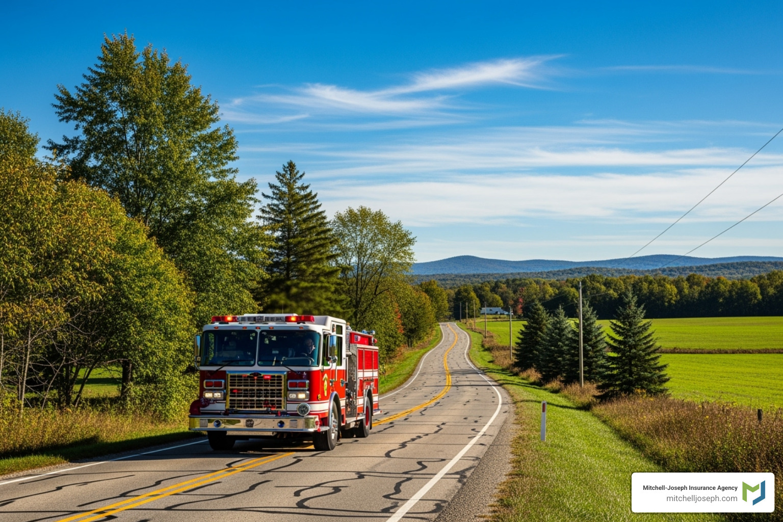 fire truck on a long, winding country road - Home insurance for rural areas fire truck on a long, winding country road - Home insurance for rural areas