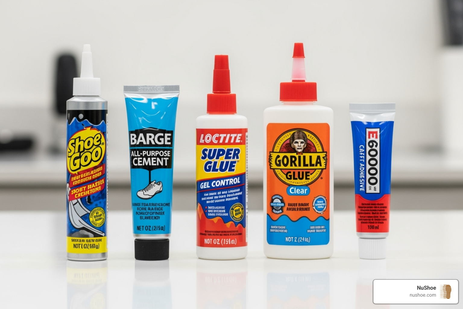 popular shoe glue products lined up - best glue for sneakers