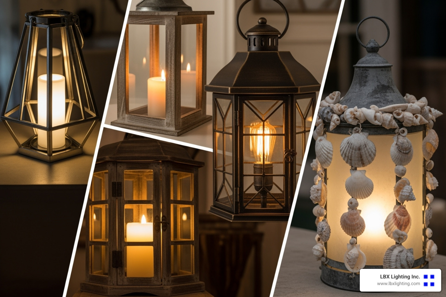 collage of different lantern styles: geometric, rustic wood, classic carriage, and beaded coastal - lantern dining light