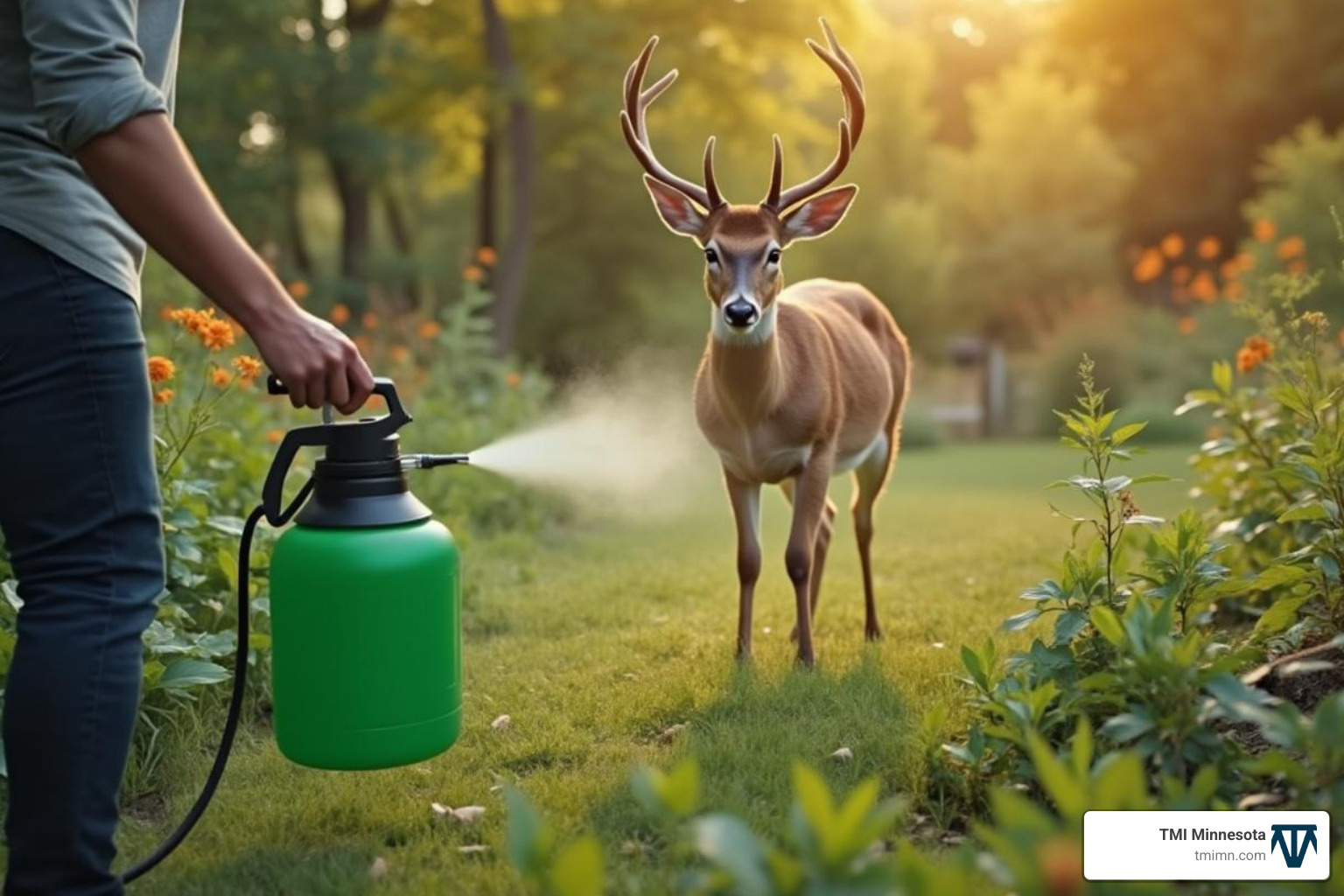 A person spraying a non-toxic deer repellent in their garden - Deer resistant plants MN A person spraying a non-toxic deer repellent in their garden - Deer resistant plants MN