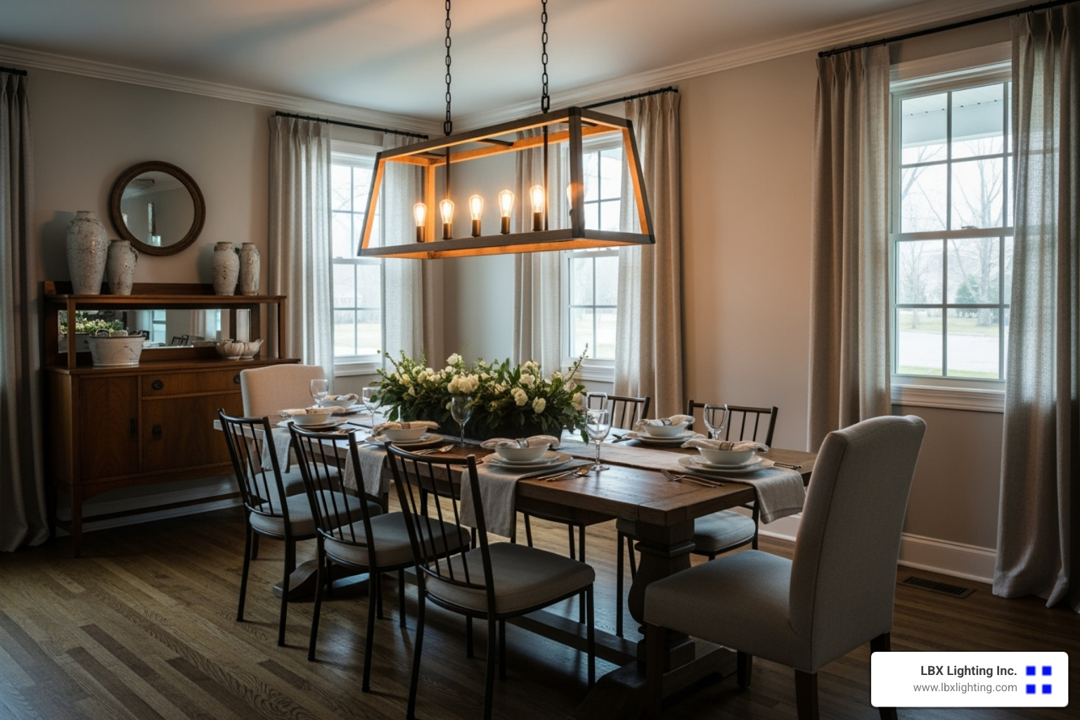 dining room with a large, wooden-framed lantern - lantern dining light