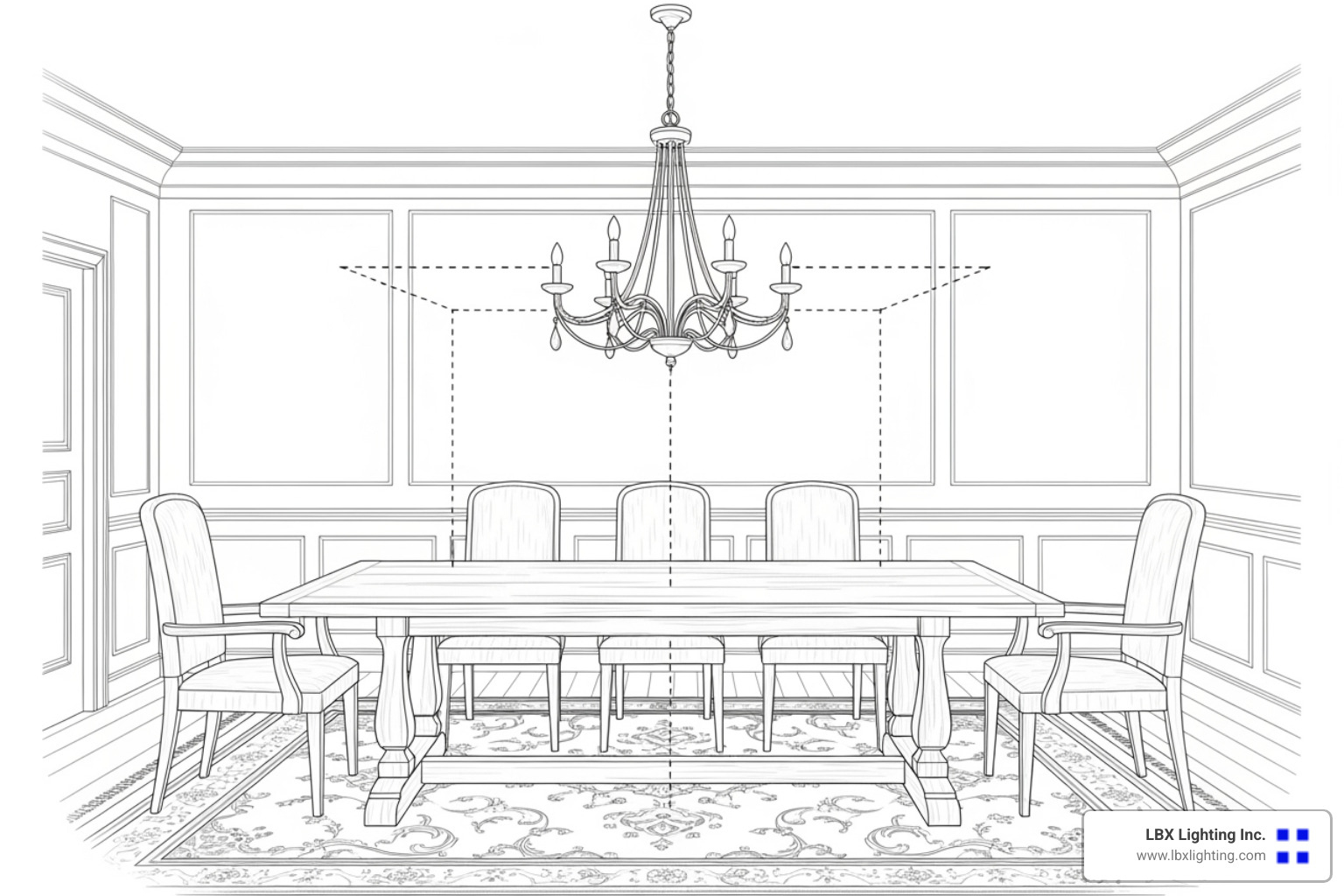 diagram illustrating the correct height and diameter of a chandelier in relation to a dining table. - dining room statement light