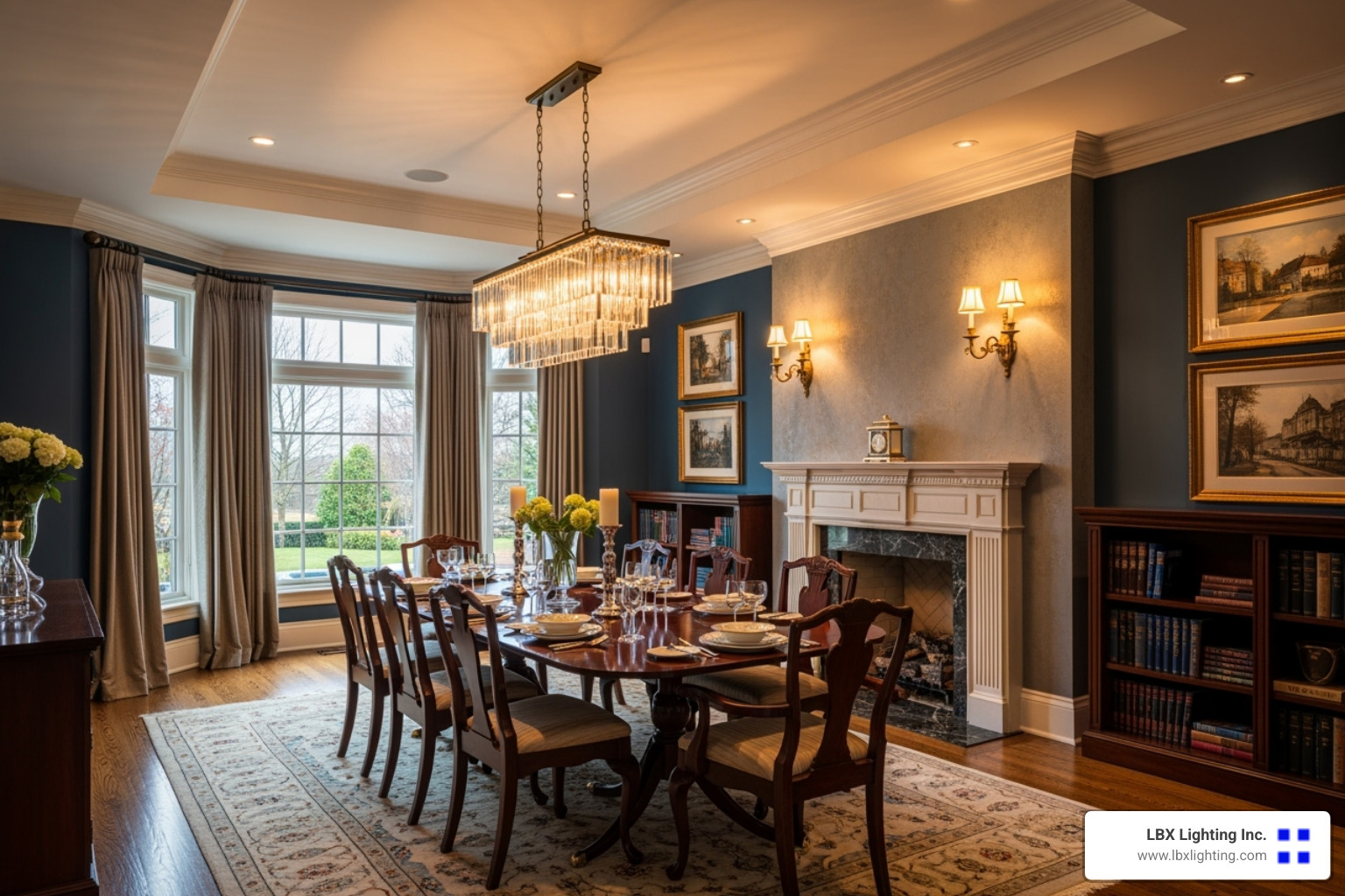 dining room with layered lighting, showing a statement pendant, wall sconces, and recessed lights working together. - dining room statement light