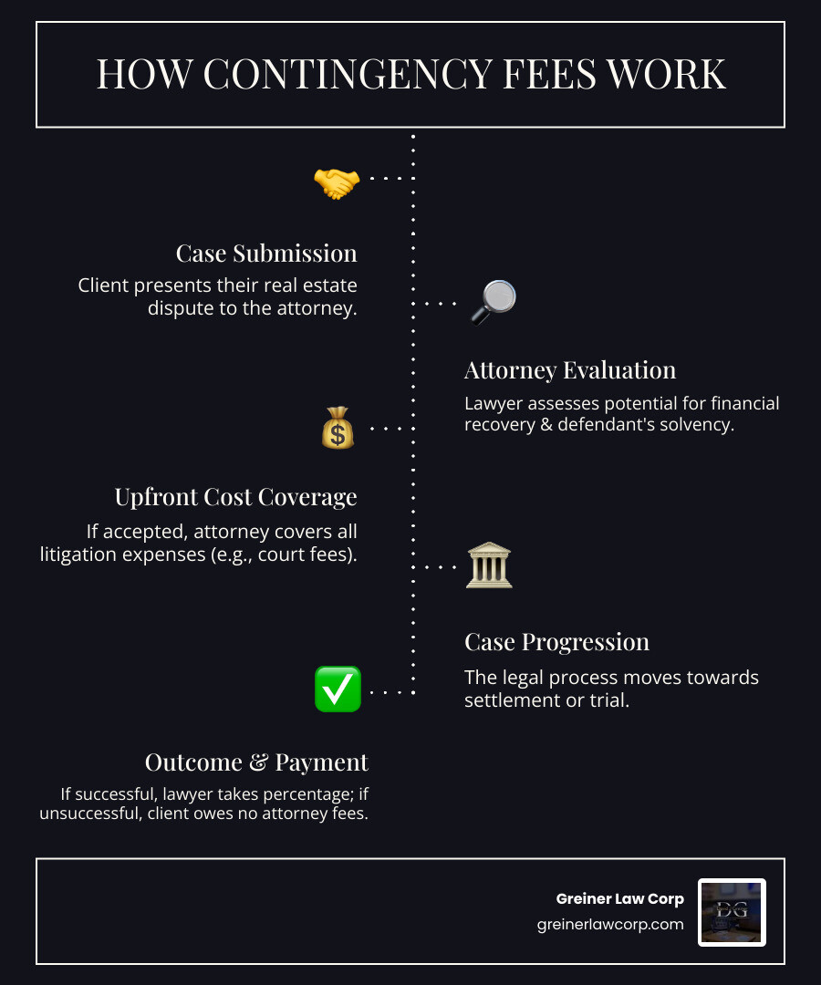 Infographic showing contingency fee process: Client presents case to lawyer, lawyer evaluates for potential financial recovery, if accepted lawyer pays all upfront costs including court fees and expert witnesses, case proceeds to settlement or trial, if successful lawyer takes agreed percentage typically 33%, if unsuccessful client owes no attorney fees - real estate attorney contingency los angeles infographic infographic-line-5-steps-dark Infographic showing contingency fee process: Client presents case to lawyer, lawyer evaluates for potential financial recovery, if accepted lawyer pays all upfront costs including court fees and expert witnesses, case proceeds to settlement or trial, if successful lawyer takes agreed percentage typically 33%, if unsuccessful client owes no attorney fees - real estate attorney contingency los angeles infographic infographic-line-5-steps-dark