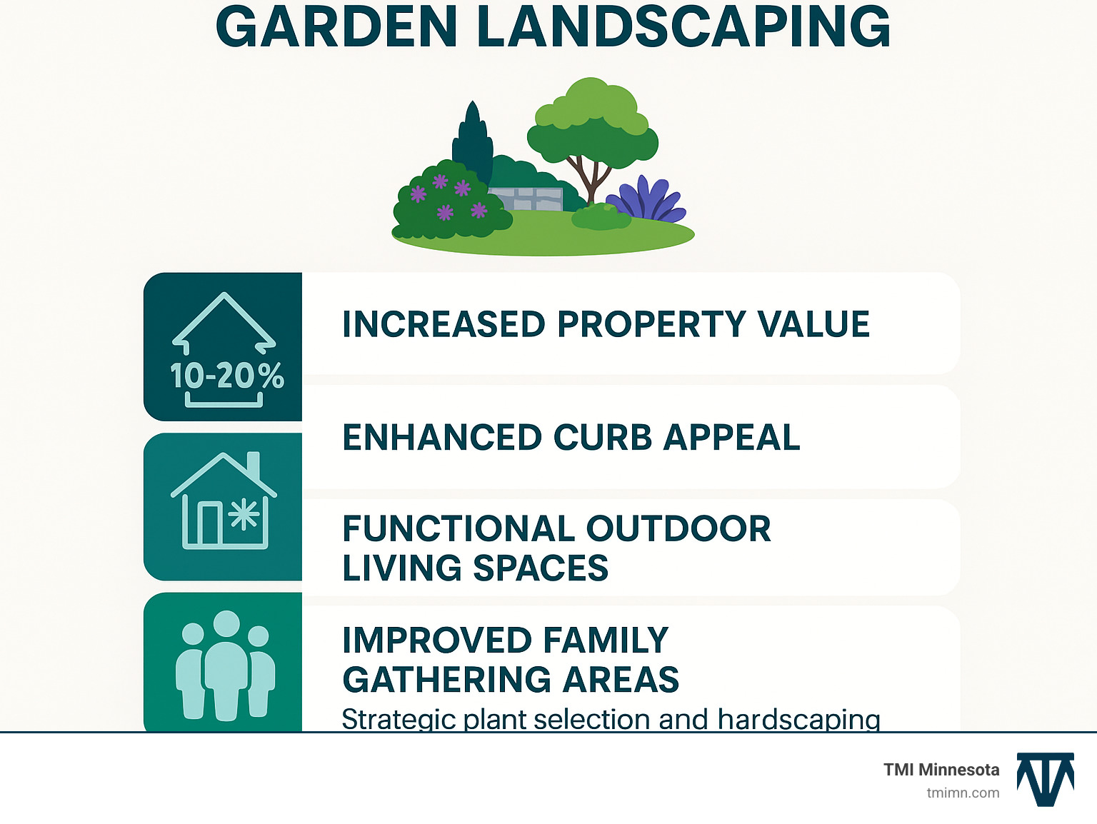 Comprehensive infographic showing the key benefits of professional beautiful garden landscaping including increased property value of 10-20%, improved curb appeal, functional outdoor living spaces, improved family gathering areas, and long-term cost savings through strategic plant selection and hardscaping elements - Beautiful garden landscaping infographic Comprehensive infographic showing the key benefits of professional beautiful garden landscaping including increased property value of 10-20%, improved curb appeal, functional outdoor living spaces, improved family gathering areas, and long-term cost savings through strategic plant selection and hardscaping elements - Beautiful garden landscaping infographic