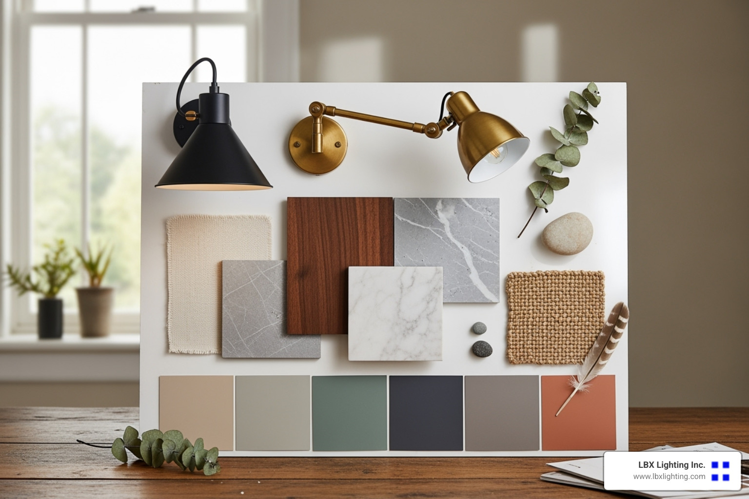 mood board showcasing various light fixtures, material swatches, and paint colors. - dining room statement light