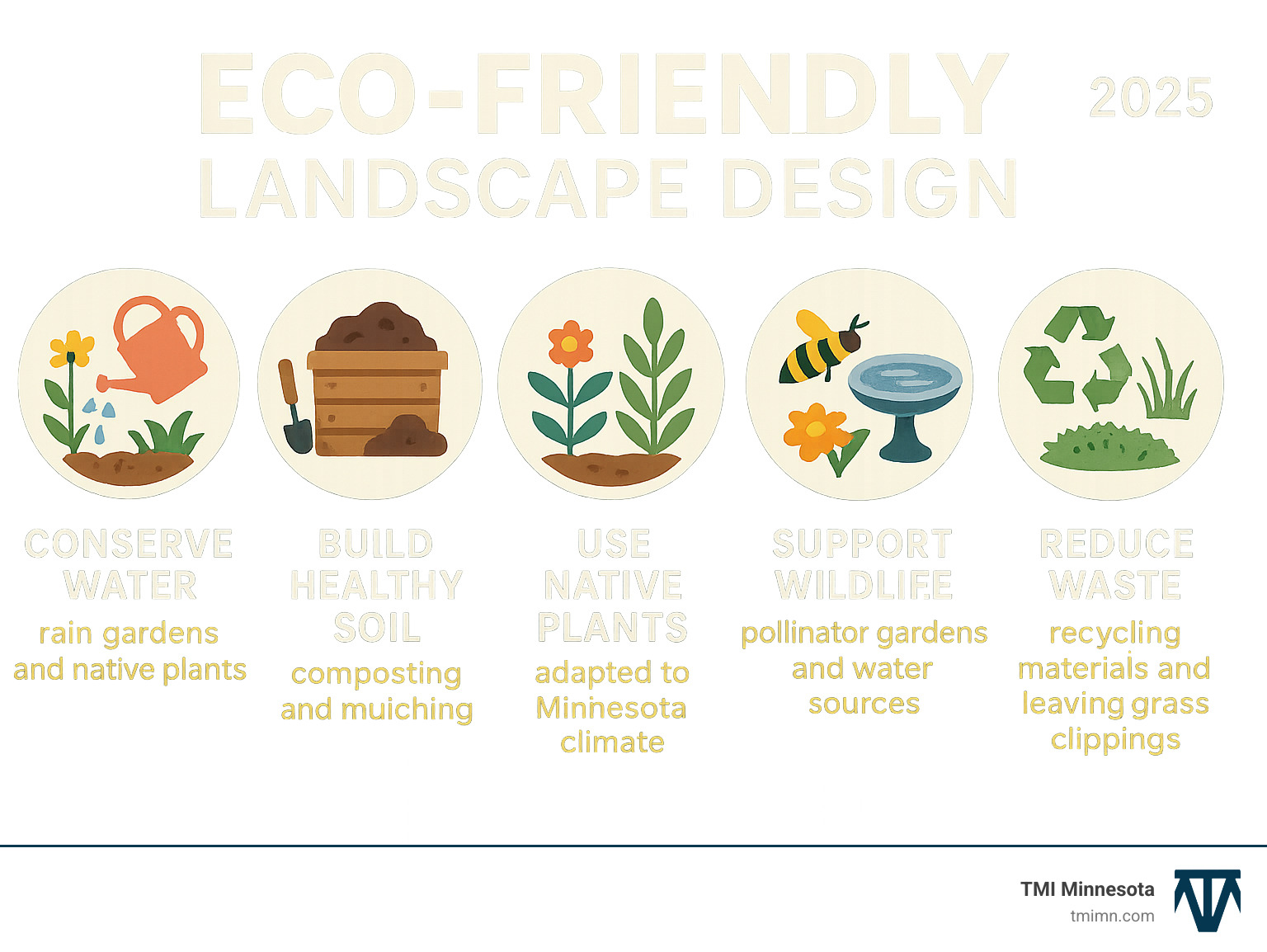 Infographic showing the five core principles of eco-friendly landscaping: Conserve Water through rain gardens and native plants, Build Healthy Soil with composting and mulching, Use Native Plants adapted to Minnesota climate, Support Wildlife with pollinator gardens and water sources, and Reduce Waste by recycling materials and leaving grass clippings - Eco-friendly landscape design infographic 