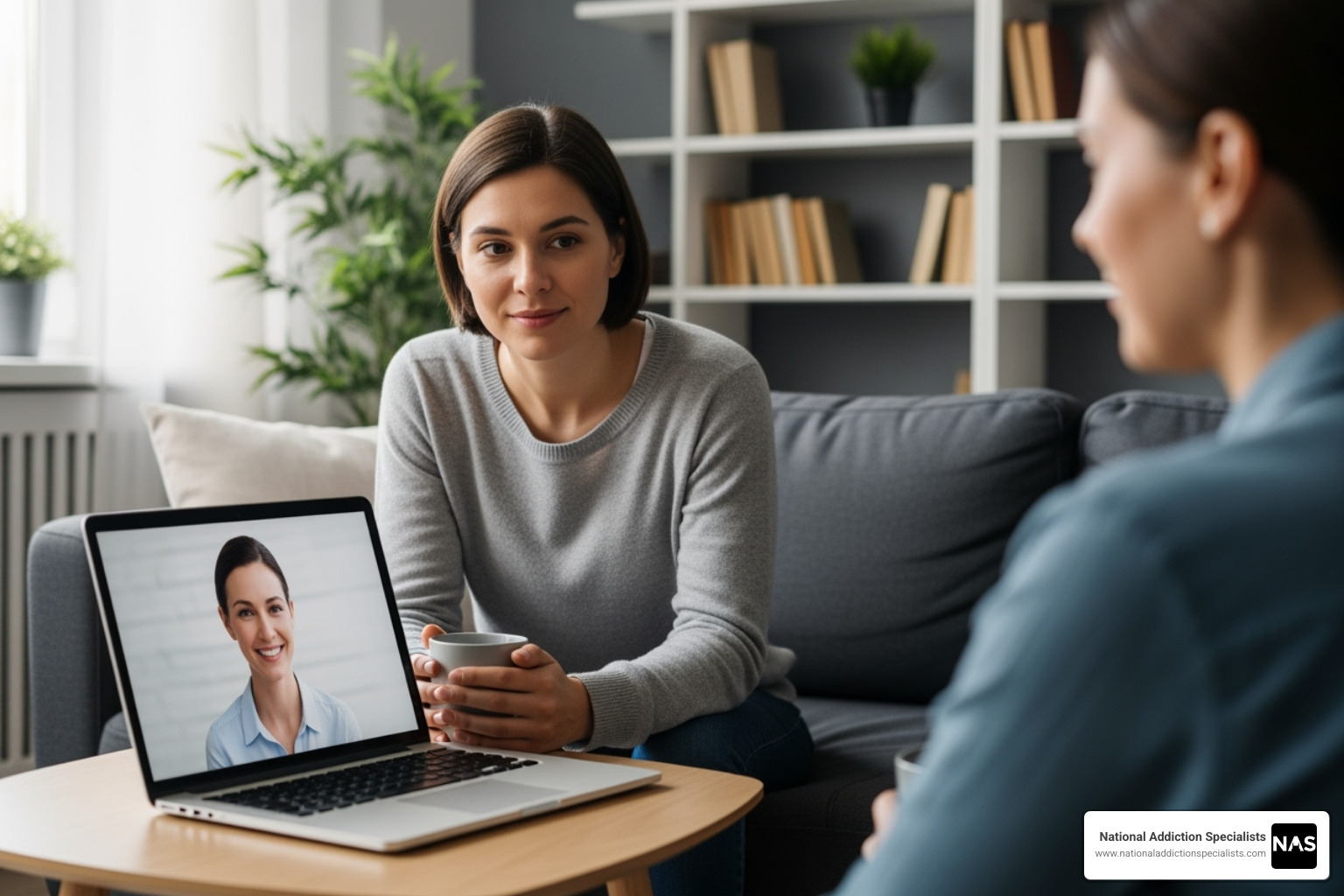 of a telehealth therapy session on a laptop - drug addiction