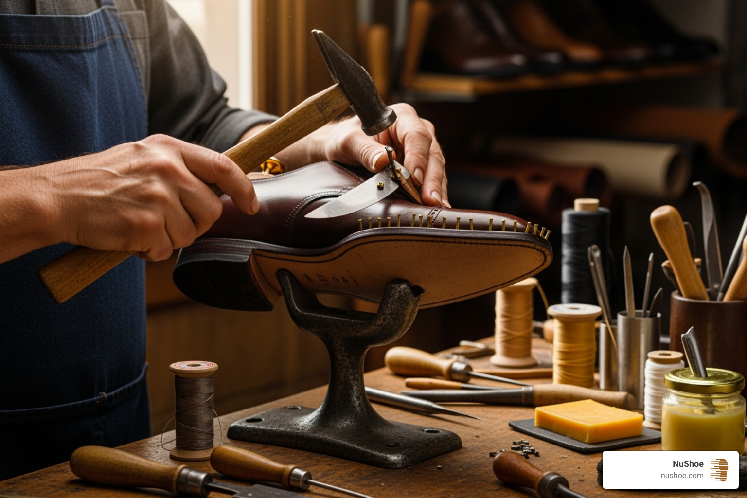 cobbler's hands skillfully working on a shoe sole - Online shoe repair