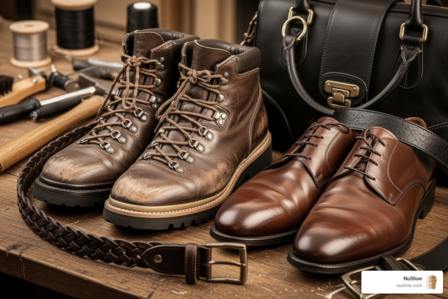 diverse collection of repaired items: hiking boots, dress shoes, a handbag, and a belt - Online shoe repair