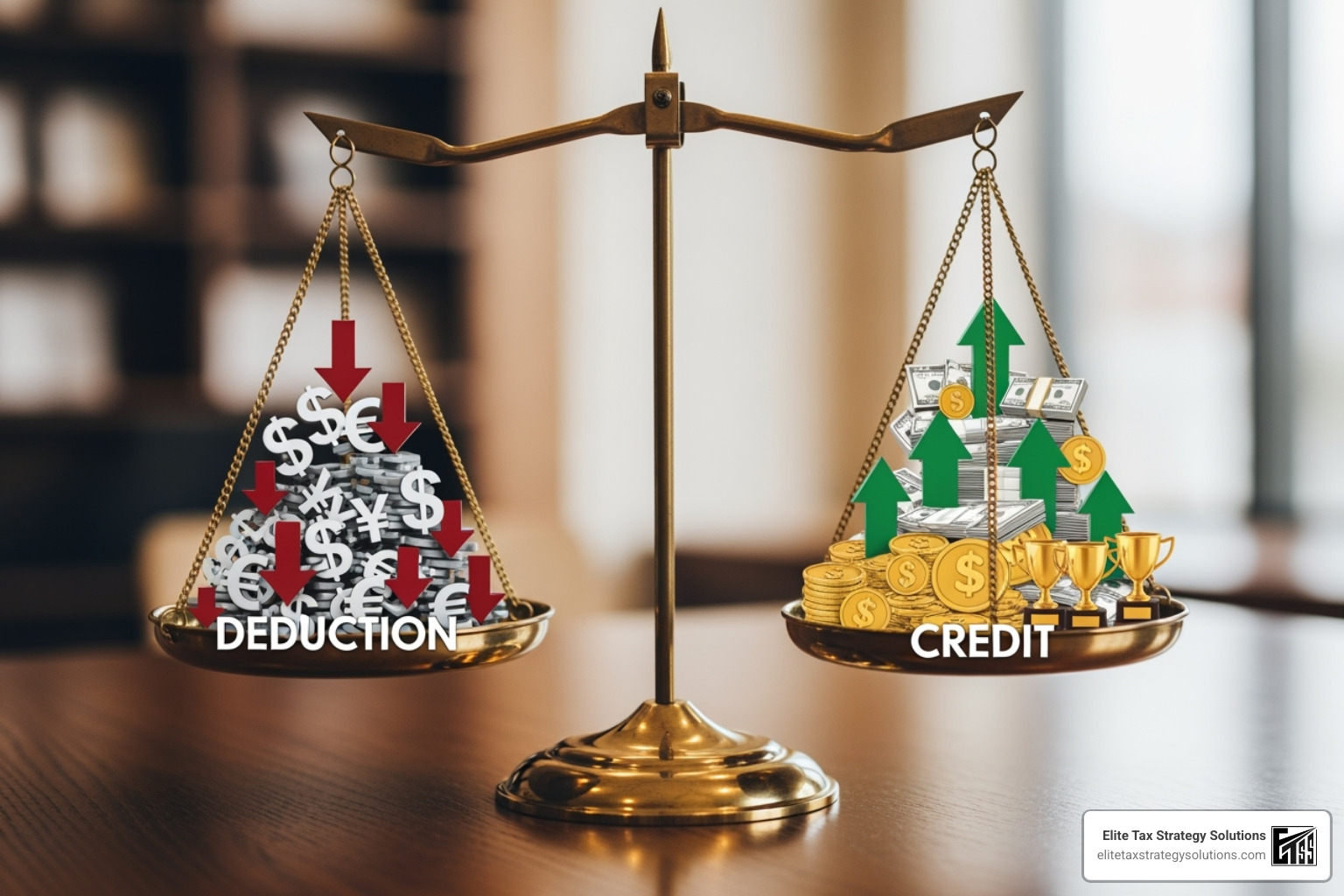 Image of a scale balancing tax credits and tax deductions - 1099 tax deductions list 2024 Image of a scale balancing tax credits and tax deductions - 1099 tax deductions list 2024