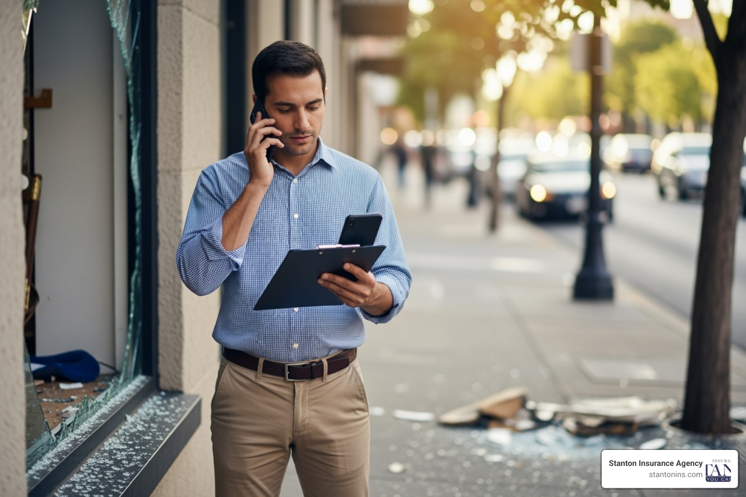 person on the phone, holding a clipboard and taking photos of a damaged storefront with their smartphone - is vandalism covered by commercial property insurance