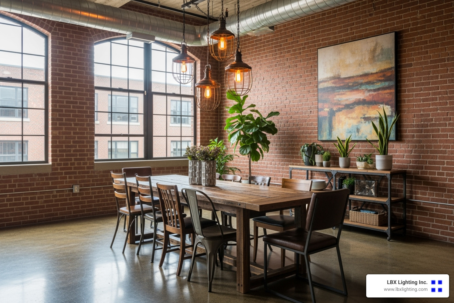 loft-style dining space with an industrial cage or Edison bulb pendant - dining room pendant light fixtures