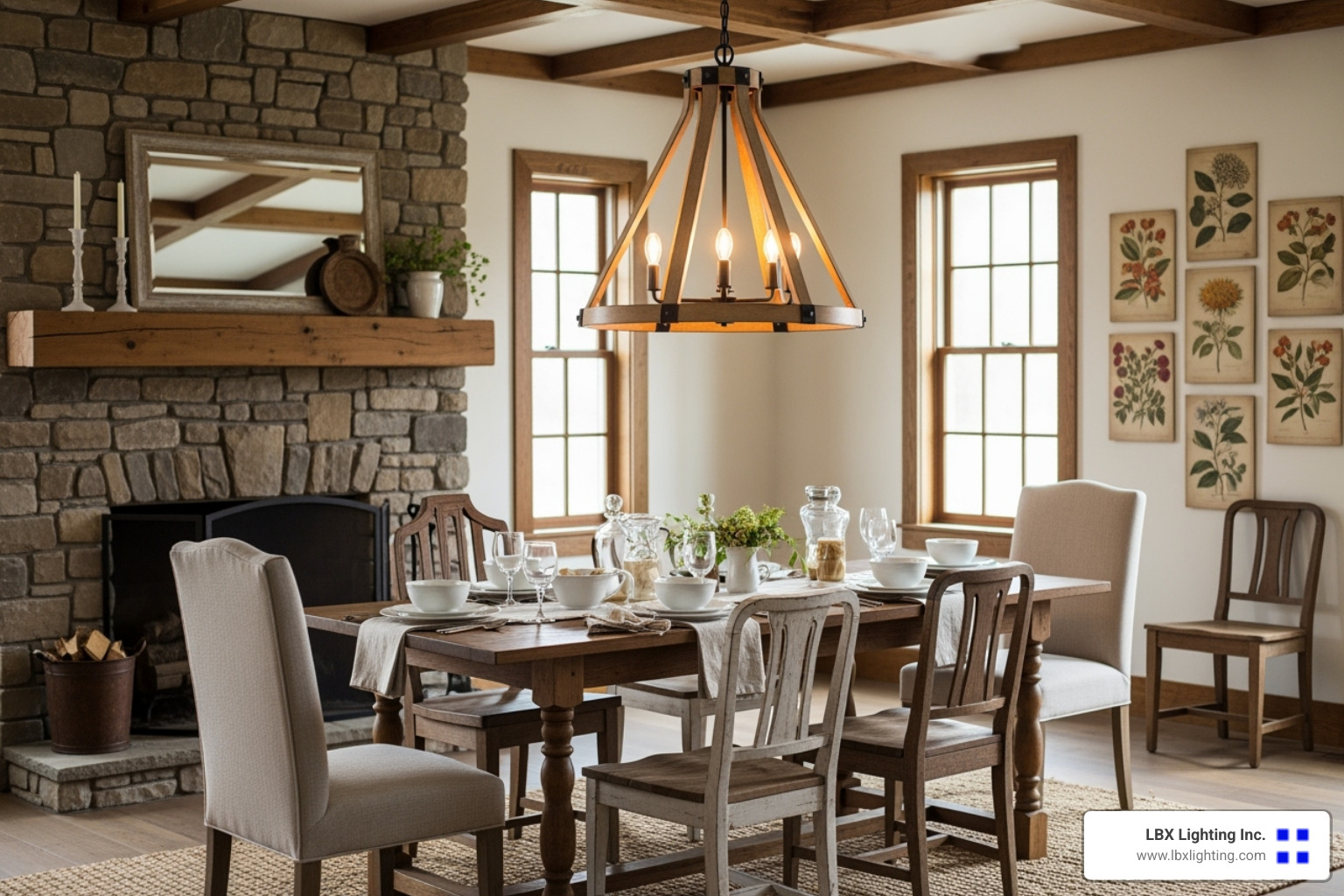cozy, farmhouse-style dining room with a wood and metal pendant light - dining room pendant light fixtures