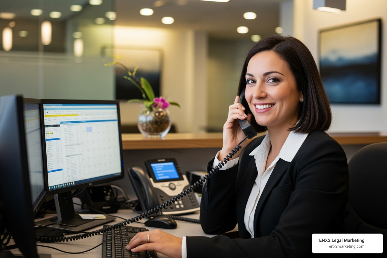 law firm receptionist smiling while efficiently managing calls - law firm call analytics