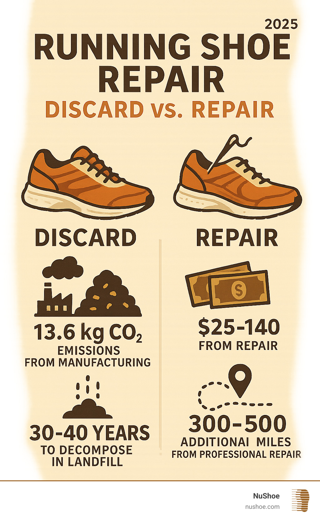 Infographic showing the environmental impact comparison between discarding running shoes versus repairing them, including CO2 emissions from manufacturing new shoes (13.6kg), landfill decomposition time (30-40 years), cost savings from repair ($25-140), and additional miles gained from professional repair (300-500 miles) - Running shoe repair infographic 
