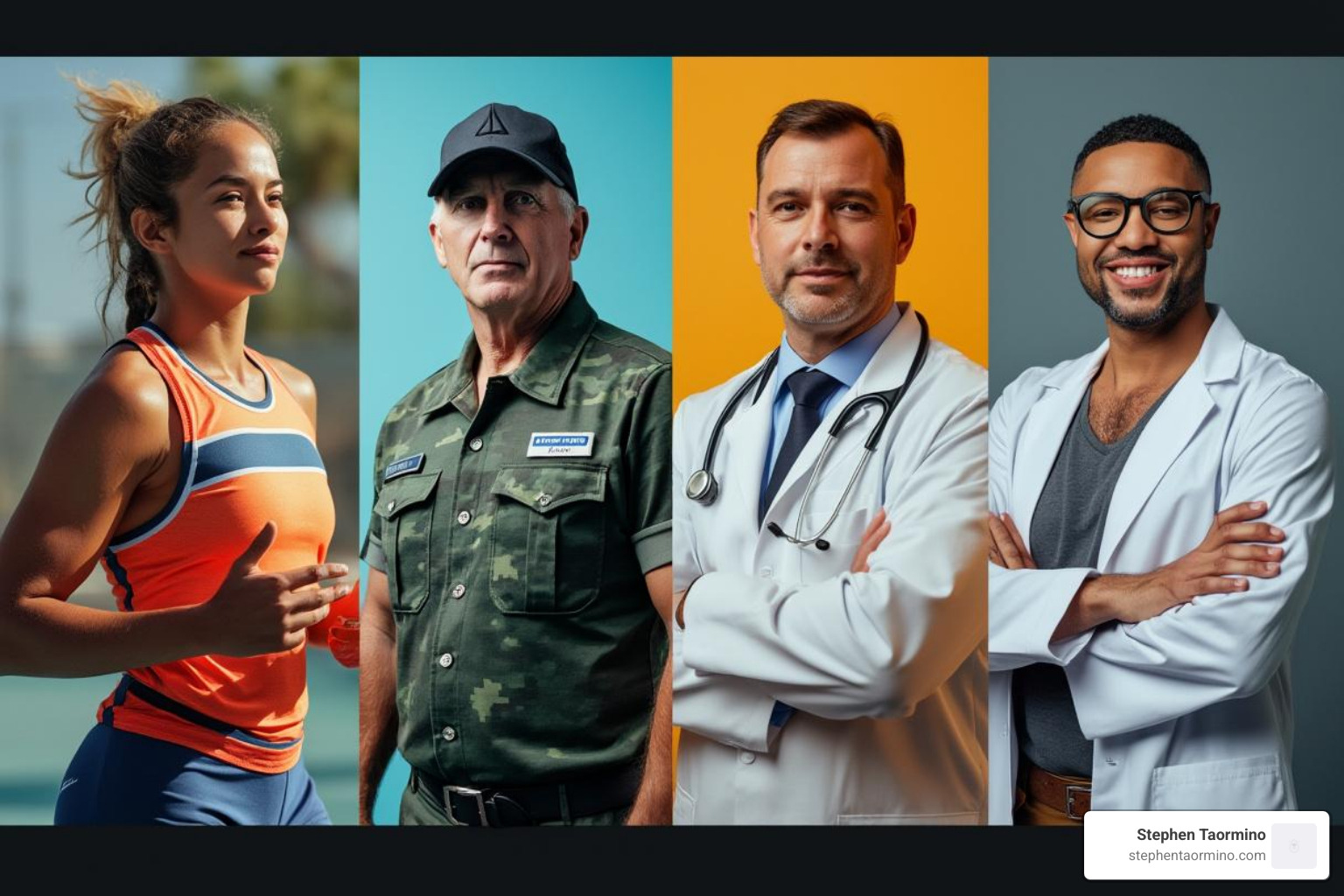 Collage showing different types of speakers: an athlete, a military leader, a scientist, a business innovator - peak performance keynote speaker