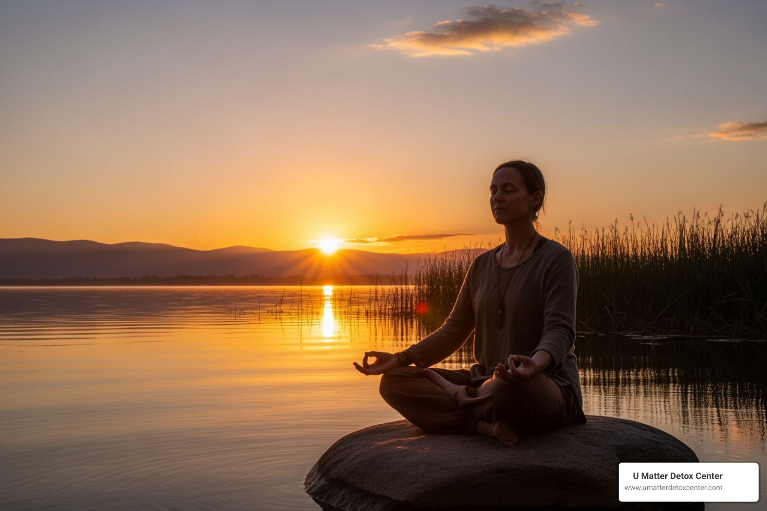 A person meditating peacefully in a serene outdoor setting at sunset - holistic recovery