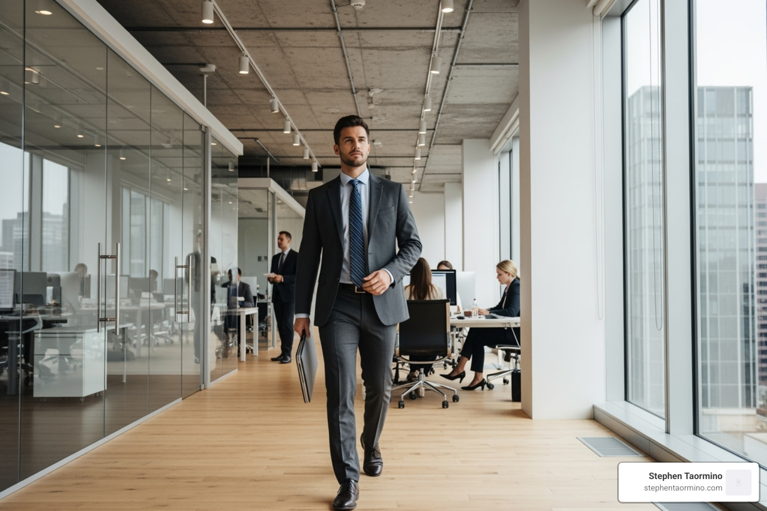 Focused professional navigating a modern office - peak performance keynote speaker