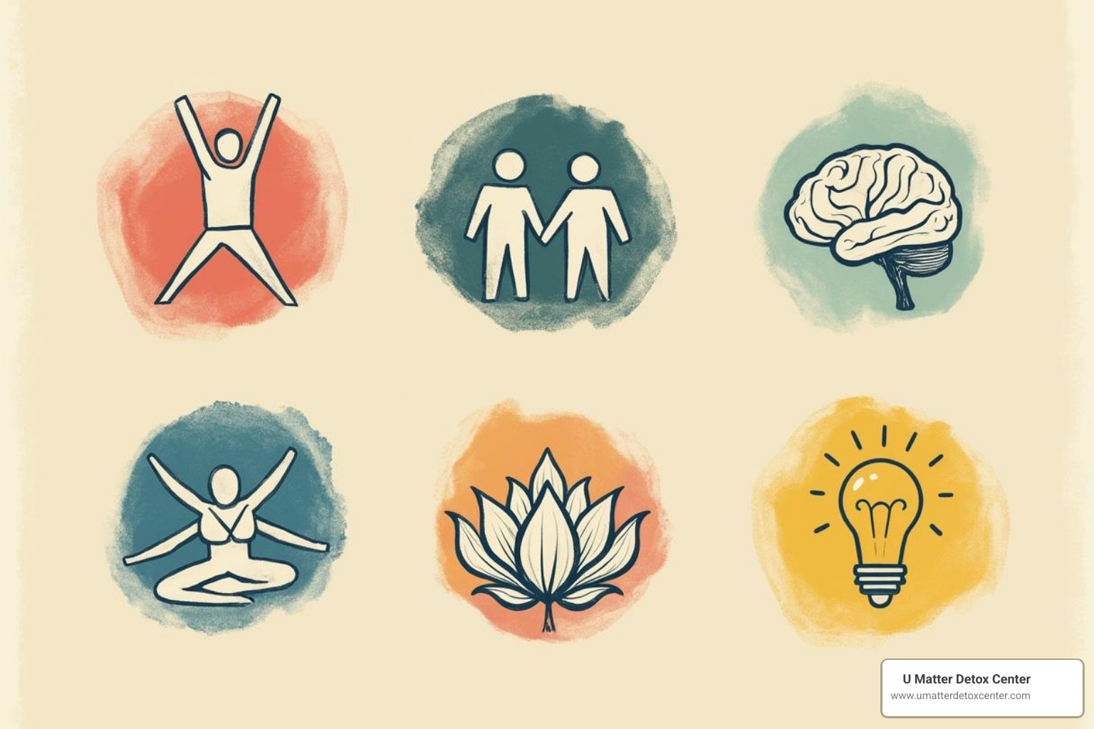 Five icons representing the pillars: a person exercising for Physical, a brain for Emotional, two people connected for Social, a lotus flower for Spiritual, and a lightbulb for Intellectual - holistic recovery