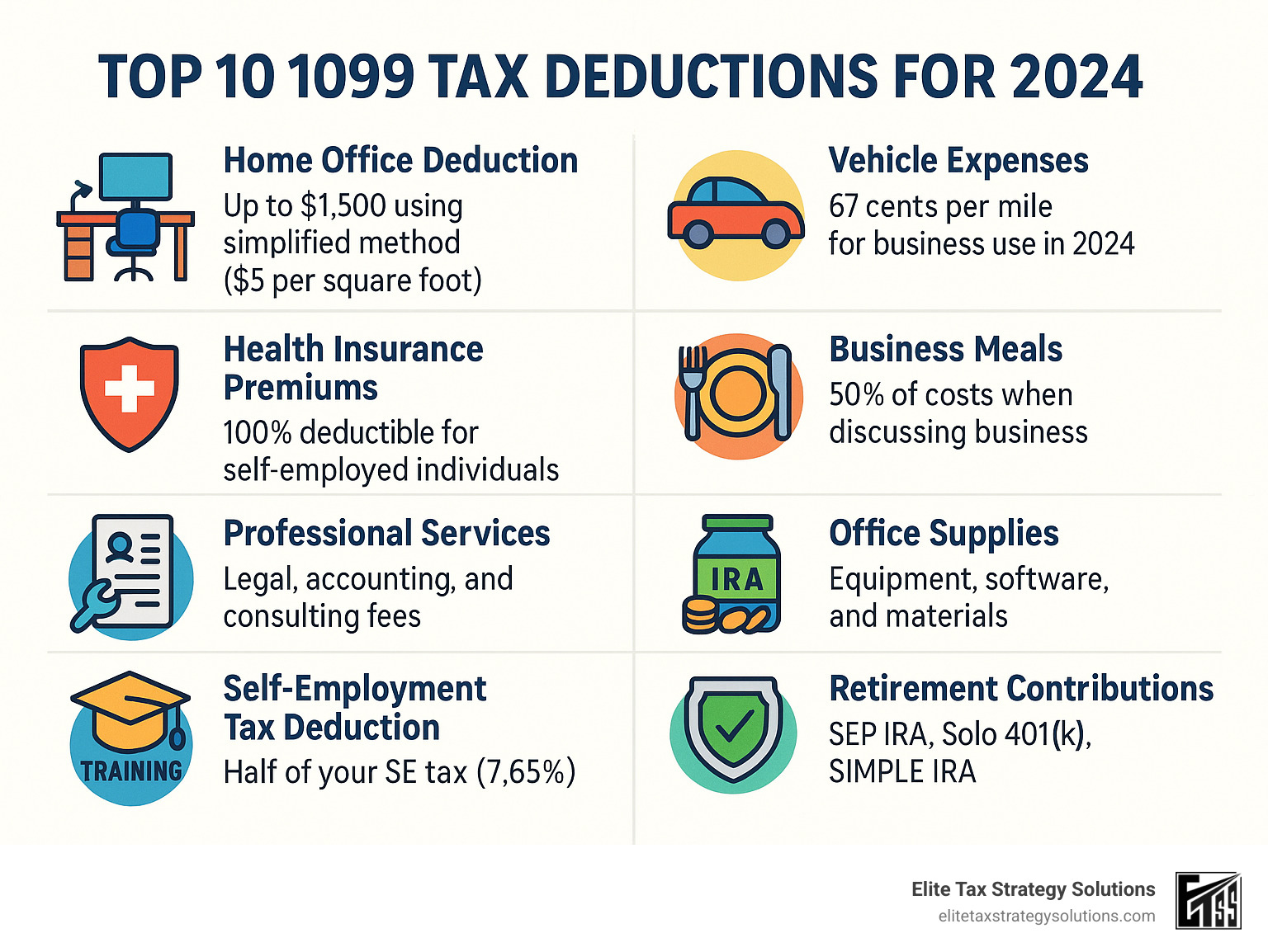 Comprehensive infographic showing the top 10 most valuable 1099 tax deductions for 2024, including home office deduction calculation methods, vehicle expense options, health insurance benefits, meal deduction rules, and retirement contribution limits with specific dollar amounts and percentages - 1099 tax deductions list 2024 infographic Comprehensive infographic showing the top 10 most valuable 1099 tax deductions for 2024, including home office deduction calculation methods, vehicle expense options, health insurance benefits, meal deduction rules, and retirement contribution limits with specific dollar amounts and percentages - 1099 tax deductions list 2024 infographic