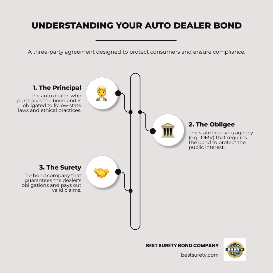 Detailed infographic illustrating the three-party relationship in an auto dealer bond: the dealer (Principal), the state (Obligee), and the surety company, and how the bond protects the public from dealer misconduct by providing financial recourse for violations. - what is a dealer bond for auto dealers infographic infographic-line-3-steps-neat_beige