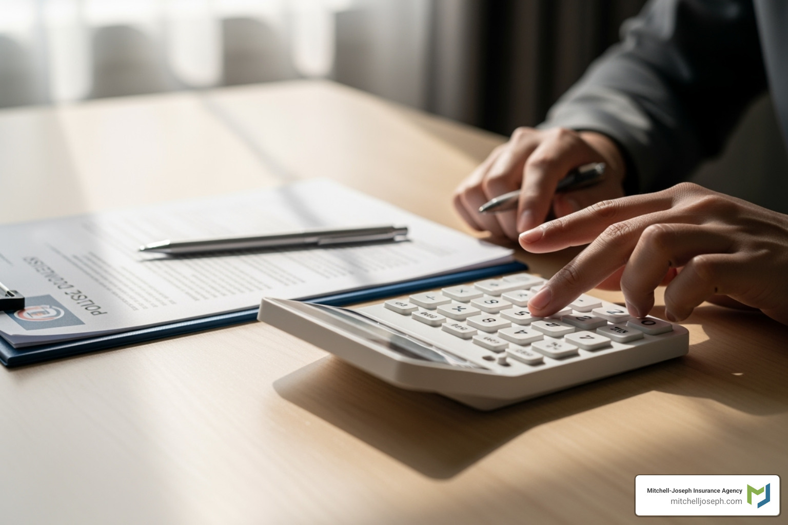 person using a calculator next to an insurance document - business insurance for startups