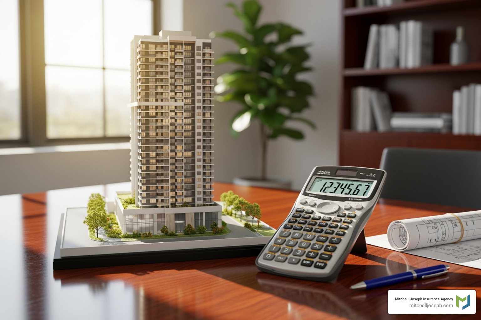 Calculator next to a miniature condo model - condominium insurance in ny
