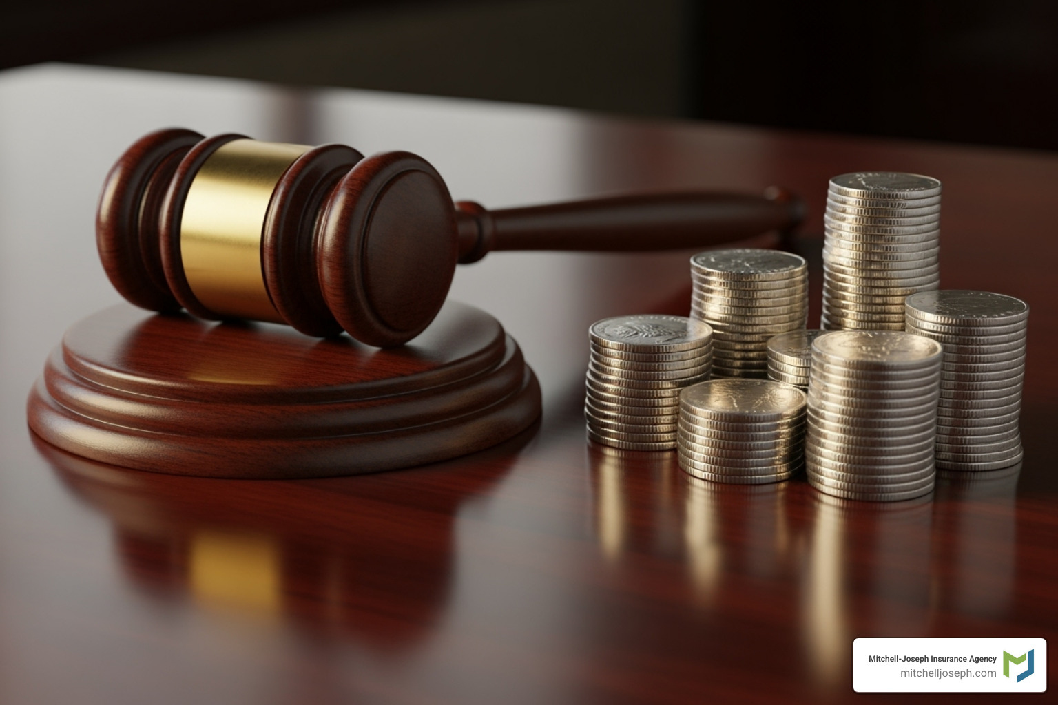 gavel and stacks of coins representing legal costs - business insurance for startups