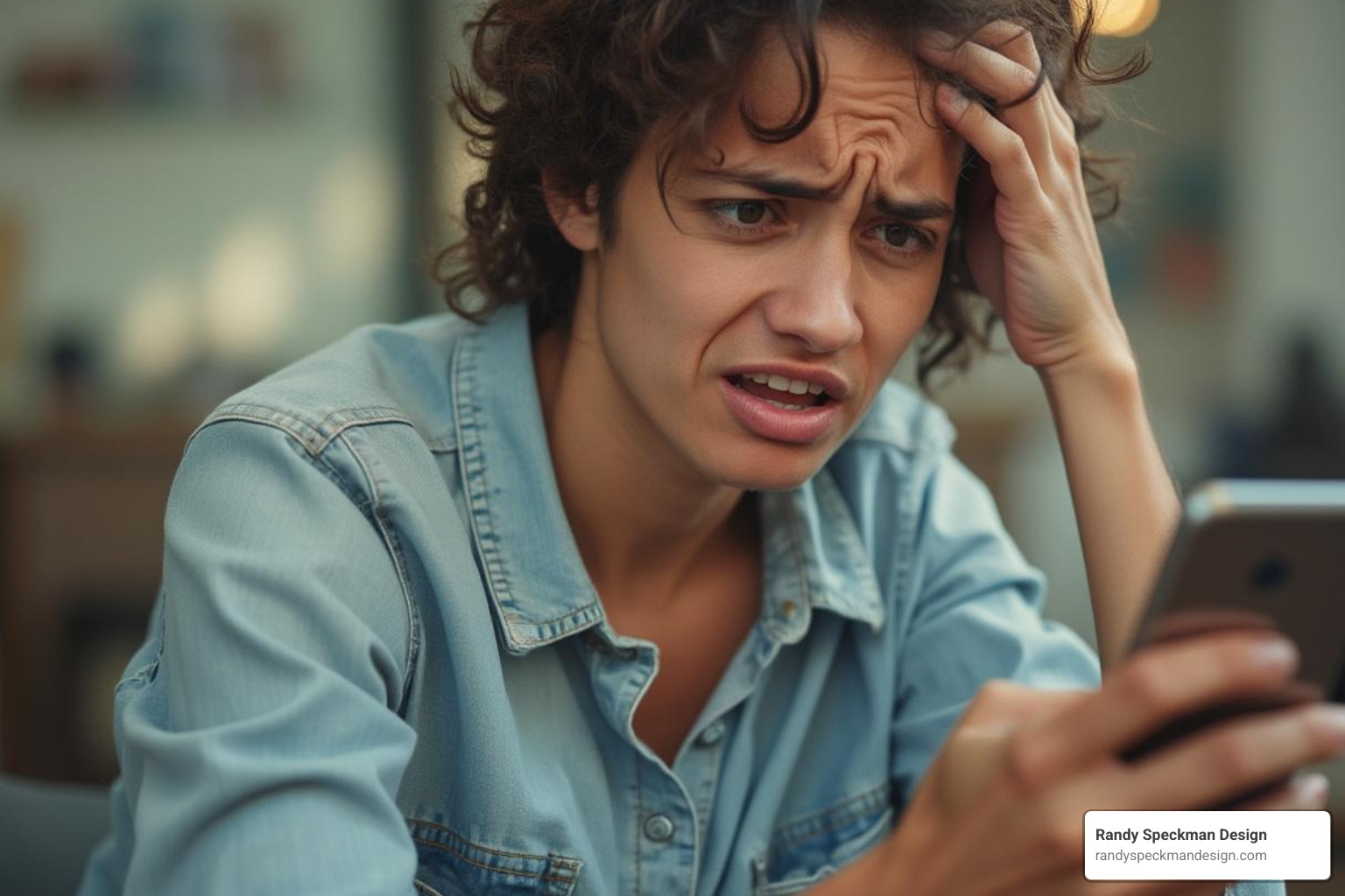 A person looking frustrated at an old, slow-loading website on a phone - website redesign case studies