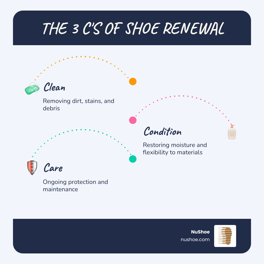 Infographic showing the 3 C's of Shoe Renewal: Clean (removing dirt, stains, and debris), Condition (restoring moisture and flexibility to materials), and Care (ongoing protection and maintenance) - renew shoe cleaner infographic infographic-line-3-steps-blues-accent_colors