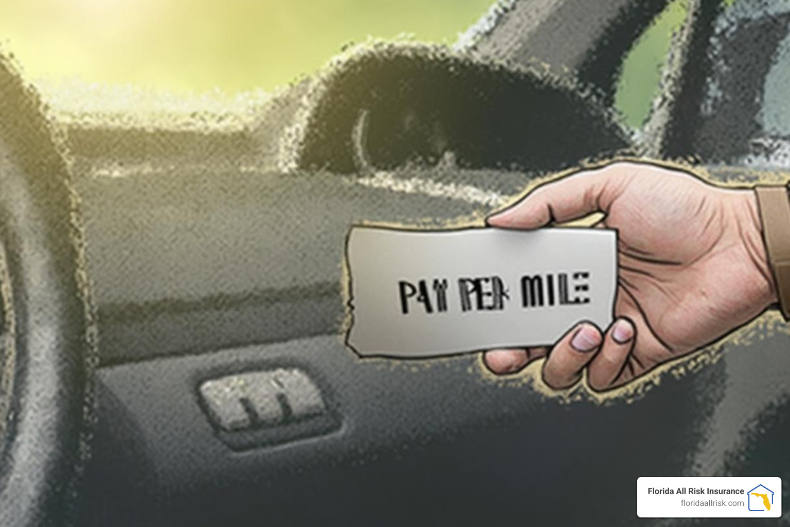 A smartphone app showing real-time mileage tracking on a map, with a car icon moving along a route and a digital display of miles driven. - Pay-per-mile auto insurance