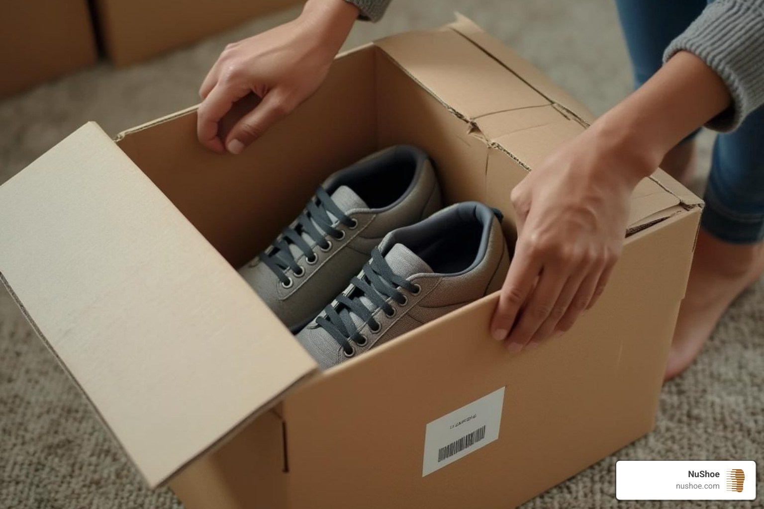person placing shoes in a box with a shipping label - Online shoe repair