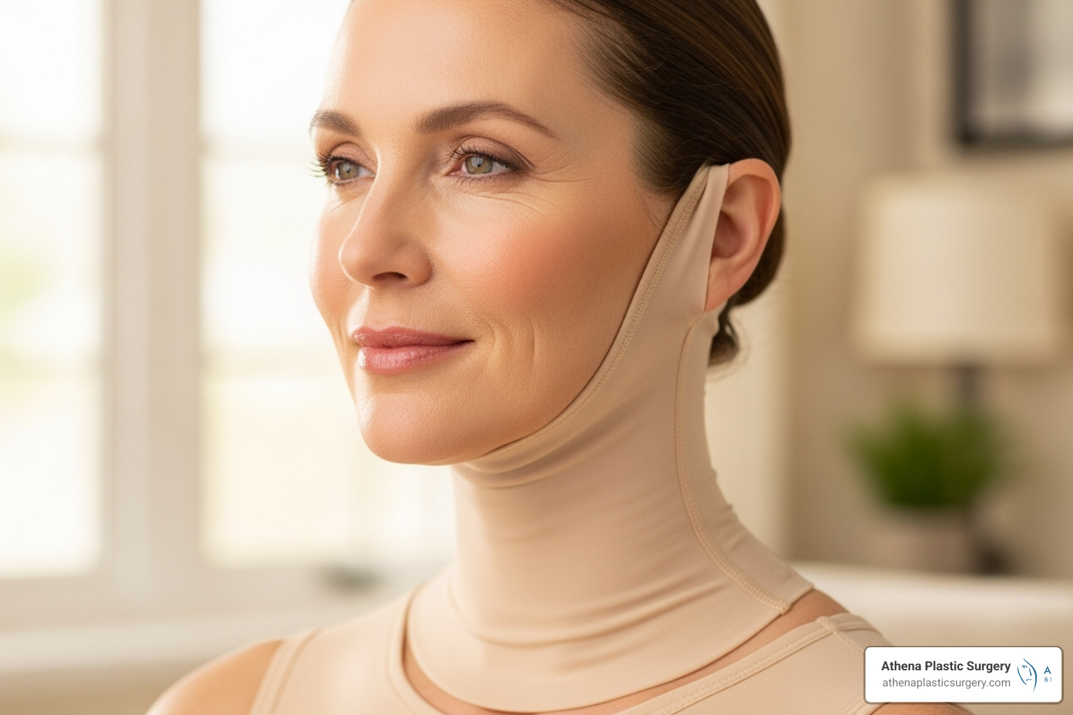 of a patient wearing a post-surgical compression garment - mini neck lift reviews of a patient wearing a post-surgical compression garment - mini neck lift reviews