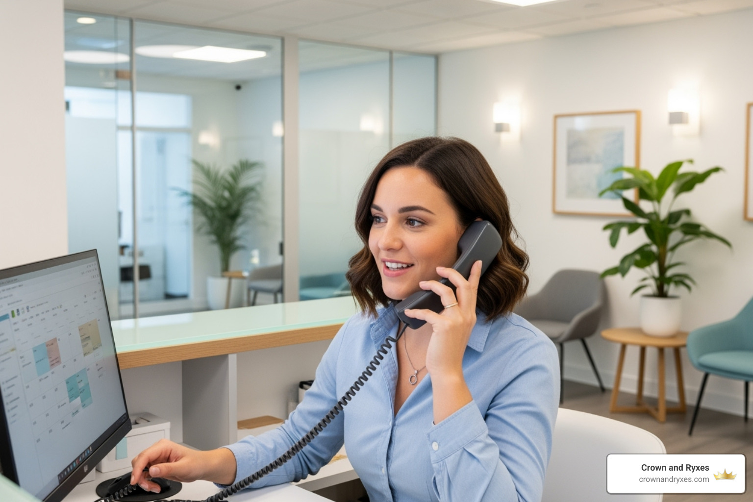 A friendly receptionist smiling while scheduling an appointment for a patient over the phone - women’s sexual health clinic in the villages A friendly receptionist smiling while scheduling an appointment for a patient over the phone - women’s sexual health clinic in the villages