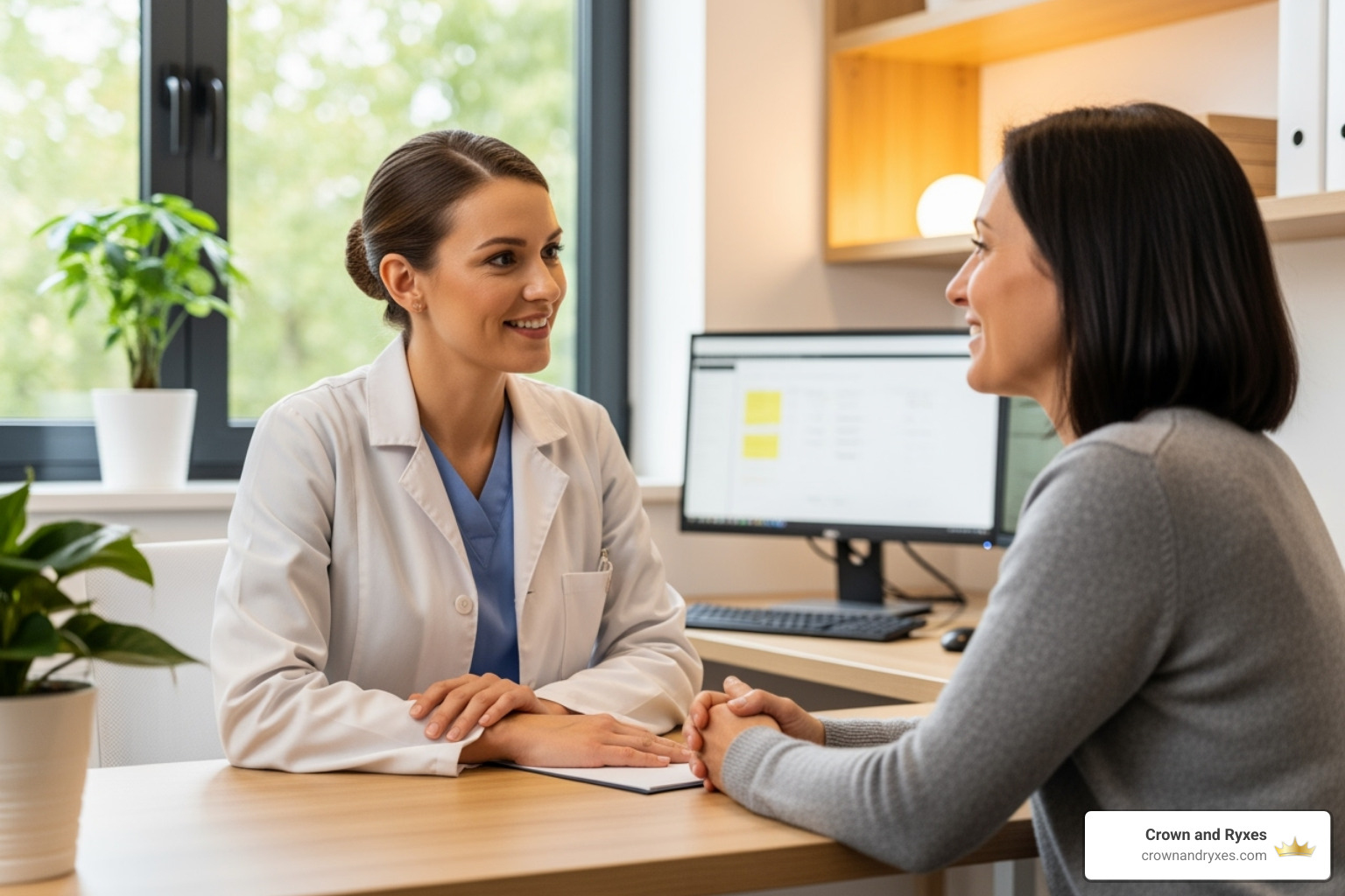 A compassionate doctor consulting with a female patient, both smiling and engaged in discussion - women’s sexual health clinic in the villages A compassionate doctor consulting with a female patient, both smiling and engaged in discussion - women’s sexual health clinic in the villages