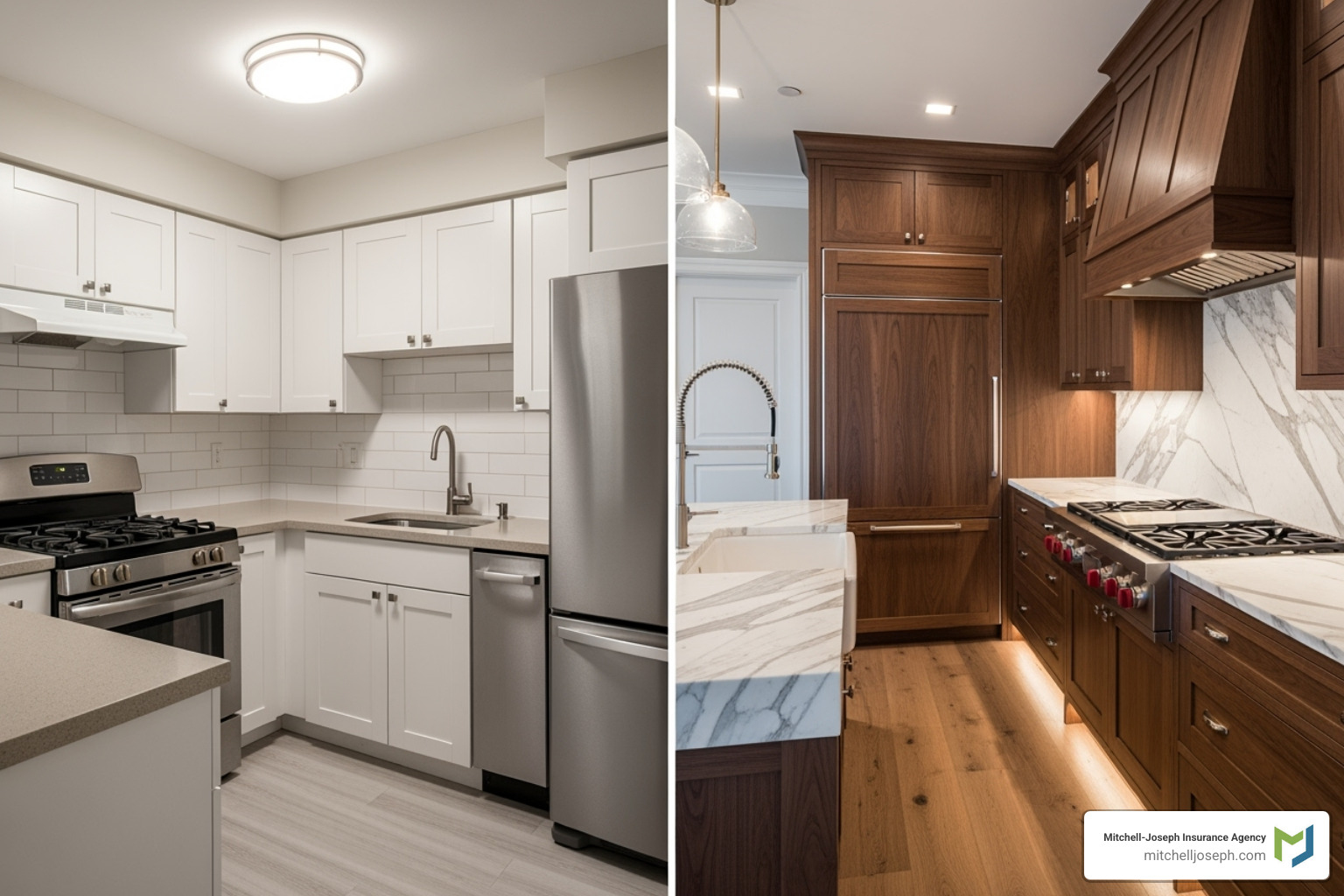 A side-by-side comparison of a standard vs. a luxury condo kitchen - High value condo insurance A side-by-side comparison of a standard vs. a luxury condo kitchen - High value condo insurance