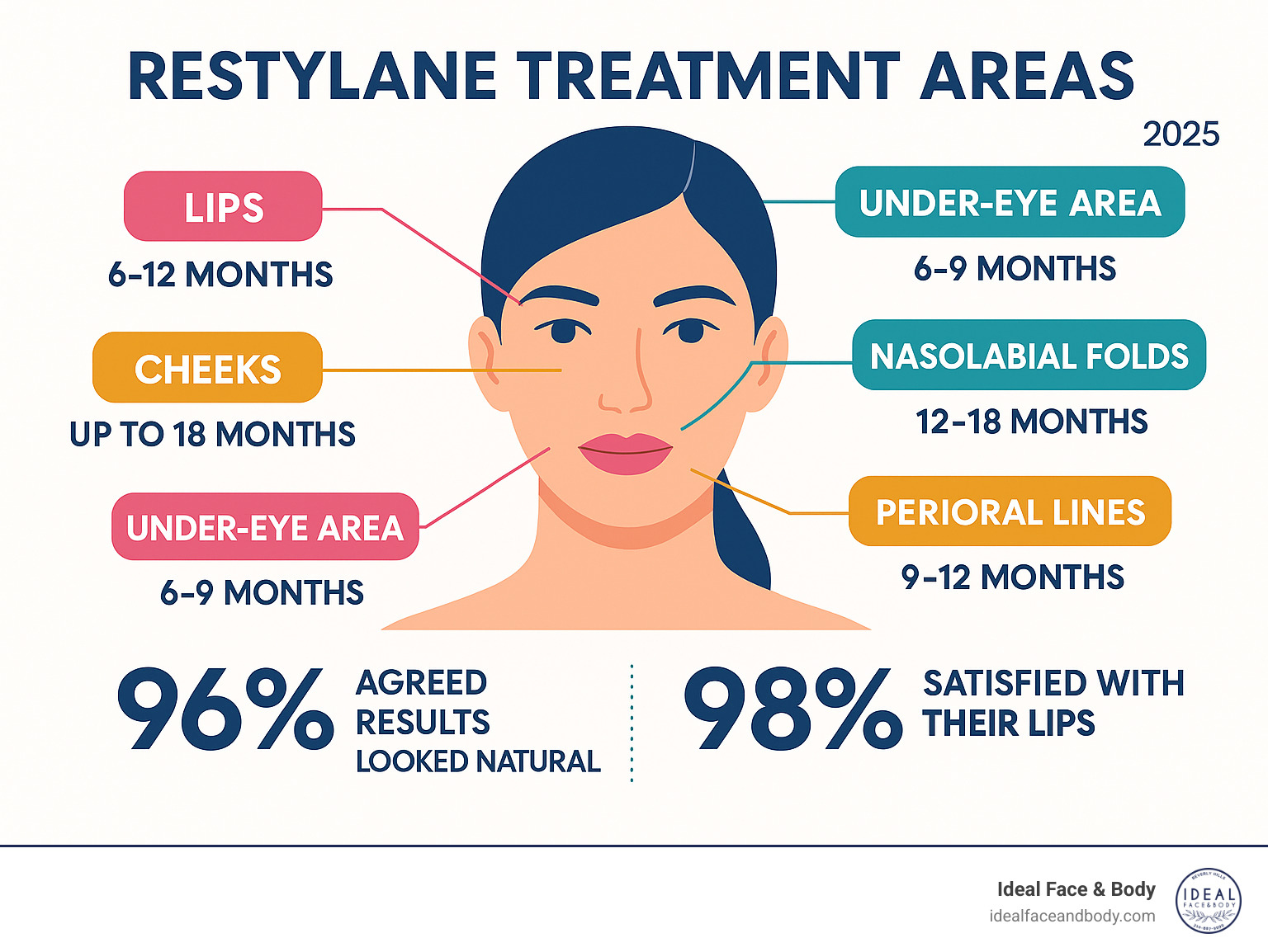 Comprehensive infographic showing Restylane treatment areas including lips, cheeks, nasolabial folds, under-eye area, and perioral lines with expected duration of results for each area, plus statistics on patient satisfaction rates and natural-looking outcomes - restylane before and after infographic 