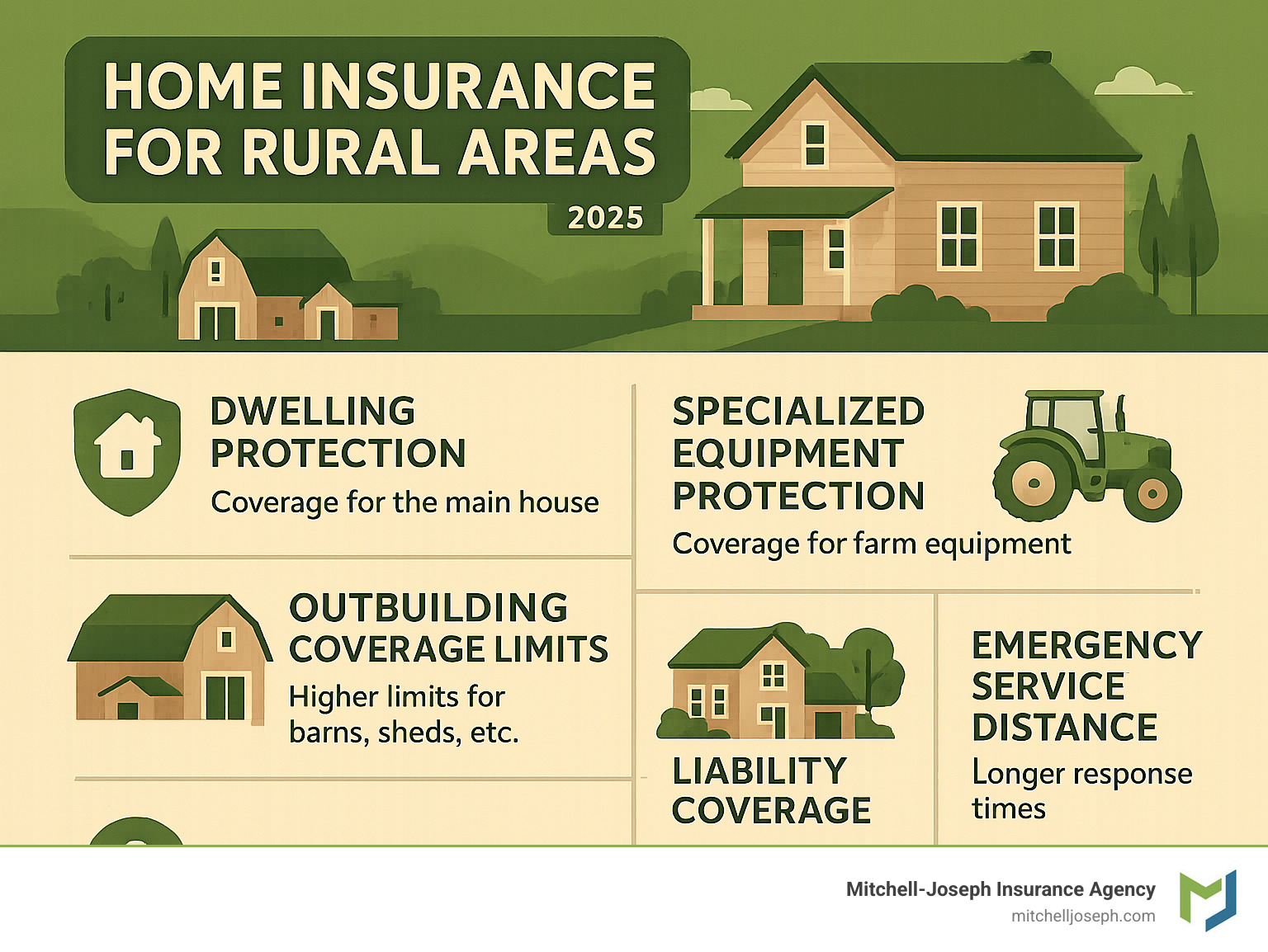Infographic showing rural home insurance coverage breakdown including dwelling protection, outbuilding coverage limits, specialized equipment protection, liability coverage for large properties, and emergency service distance considerations - Home insurance for rural areas infographic Infographic showing rural home insurance coverage breakdown including dwelling protection, outbuilding coverage limits, specialized equipment protection, liability coverage for large properties, and emergency service distance considerations - Home insurance for rural areas infographic