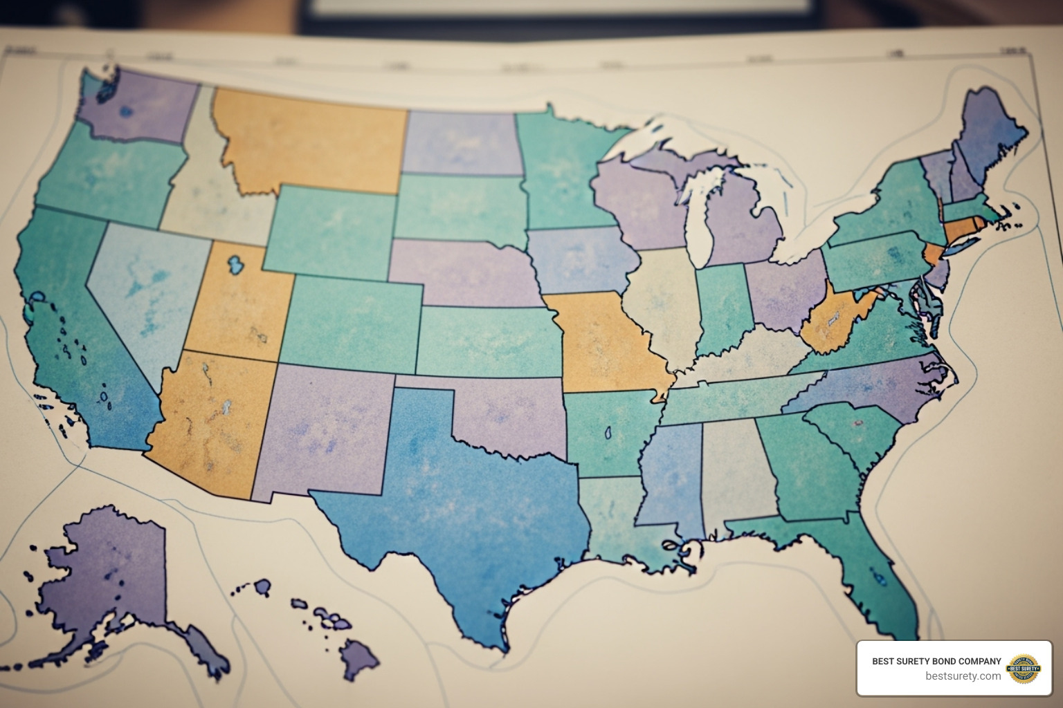 Map of the USA highlighting different states with varying auto dealer bond requirements, showing the complexity of state-specific regulations. - what is a dealer bond for auto dealers