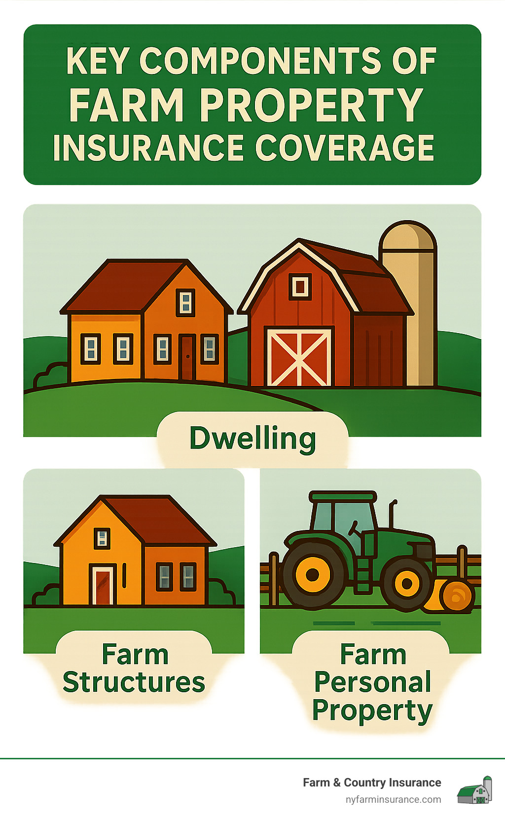 Key components of farm property insurance coverage: dwelling, farm structures, and farm personal property - farm property insurance coverage infographic 
