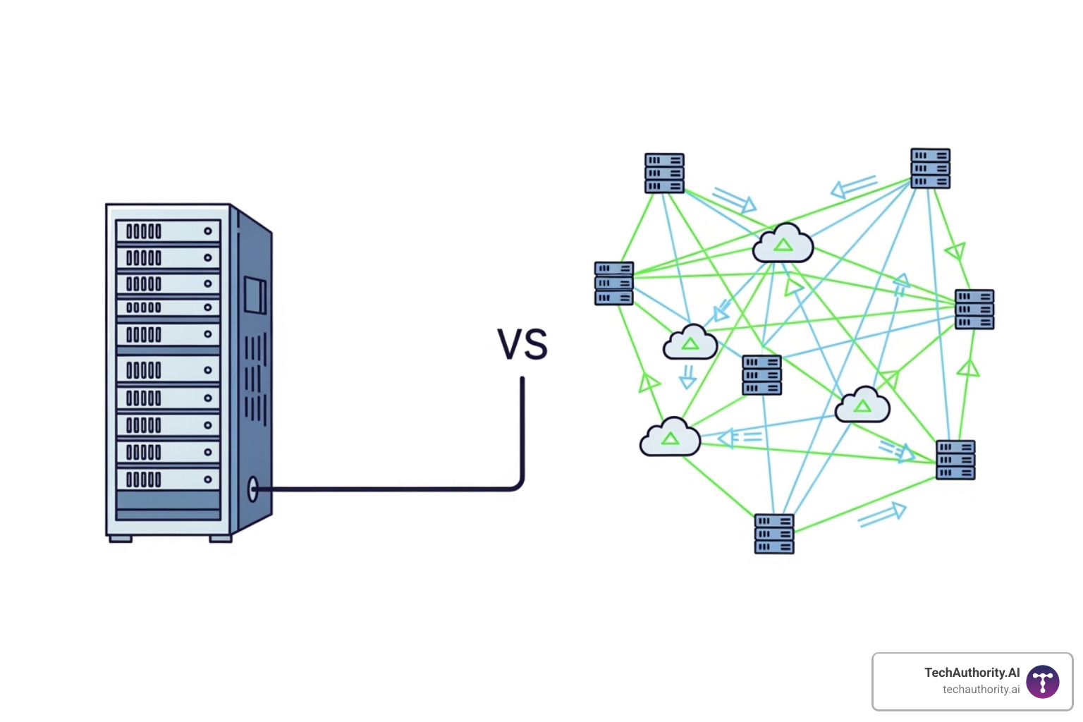 A diagram illustrating a single server hosting concept versus a distributed cloud network, highlighting the redundancy and flexibility of the cloud. - Managed WordPress cloud hosting